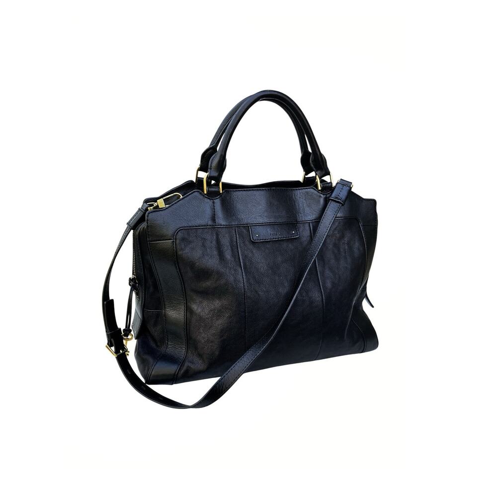 Fossil Black Leather Work Satchel Unisex Shoulder Bag Brass Hardware Office Tote